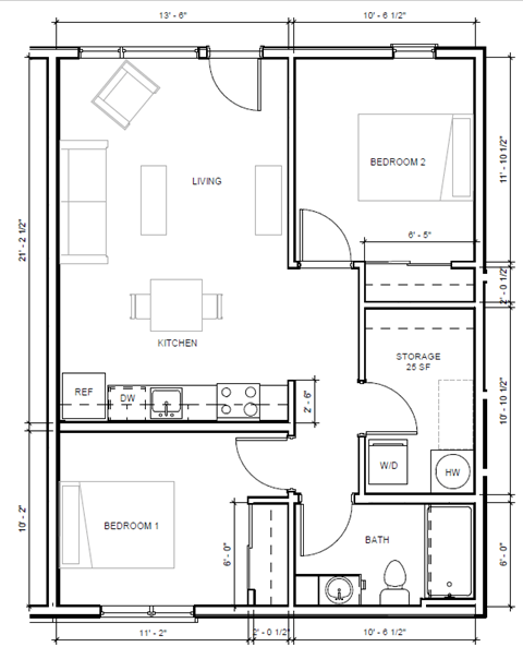 Floor plan for 2 beds, 1 bath, 819 sqft
